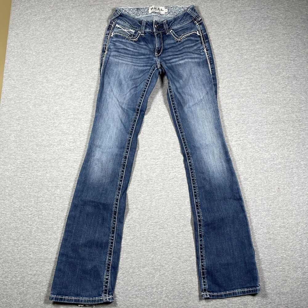 Ariat REAL Jeans Womens 27 XL Blue Low Rise Bootcut Slim Embroidered Medium Wash